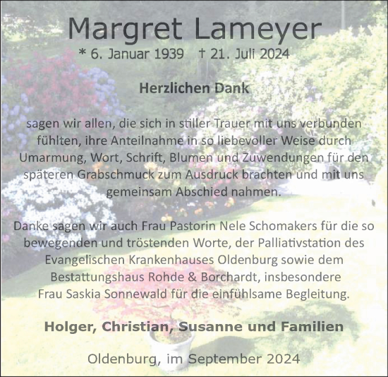 Traueranzeige von Margret Lameyer von Nordwest-Zeitung