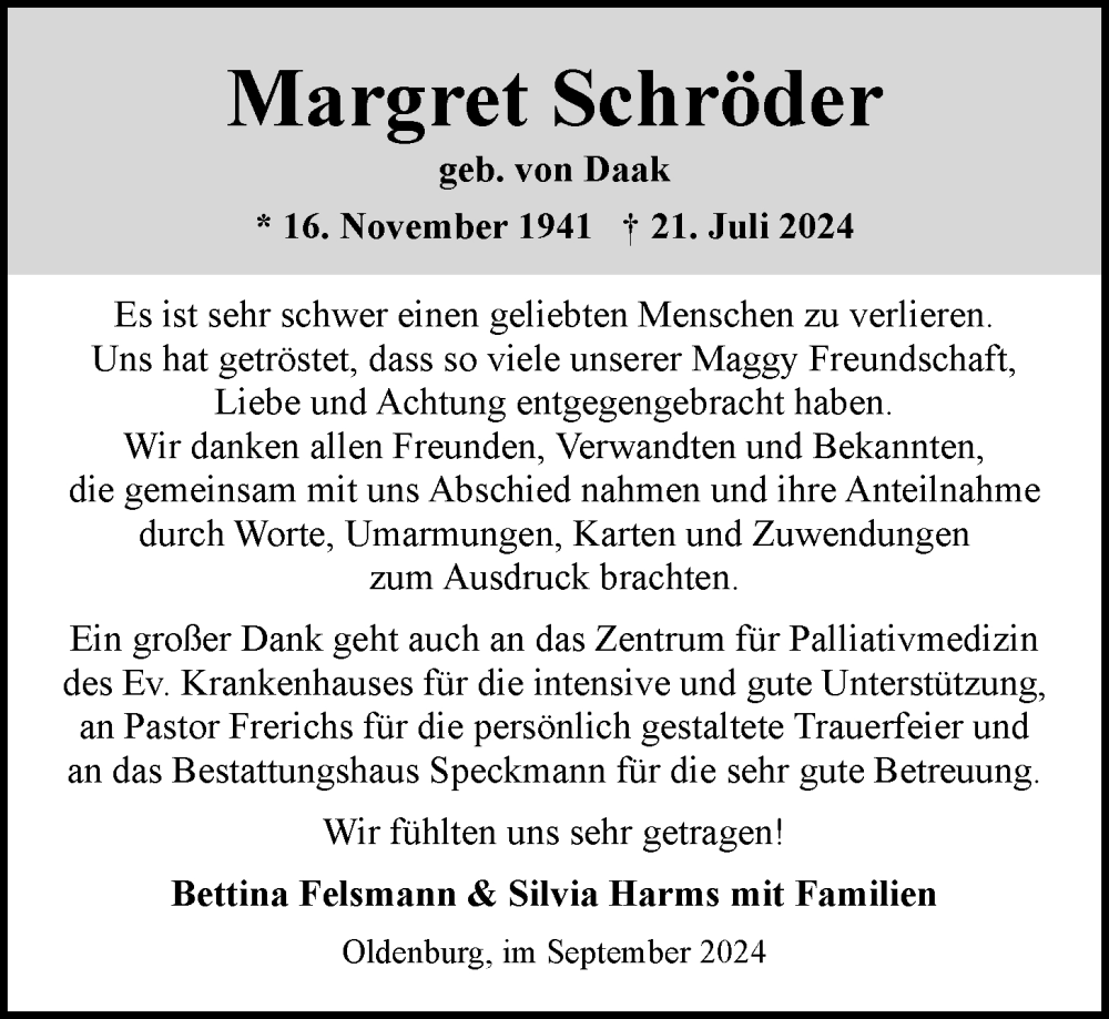  Traueranzeige für Margret Schröder vom 07.09.2024 aus Nordwest-Zeitung