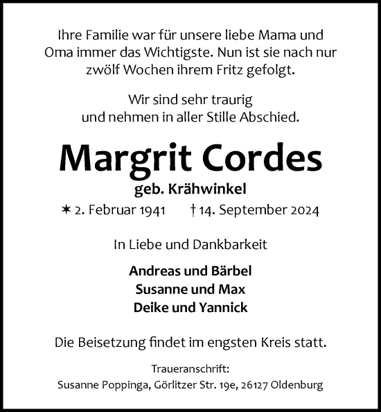 Traueranzeige von Margrit Cordes von Nordwest-Zeitung