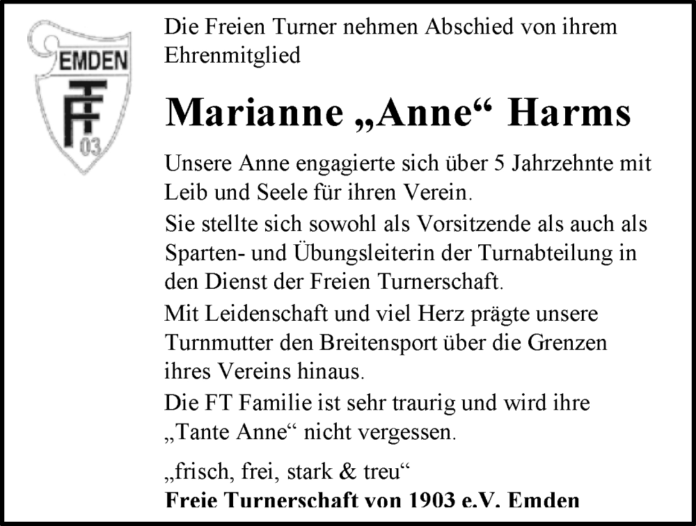  Traueranzeige für Marianne Harms vom 24.09.2024 aus Emder Zeitung