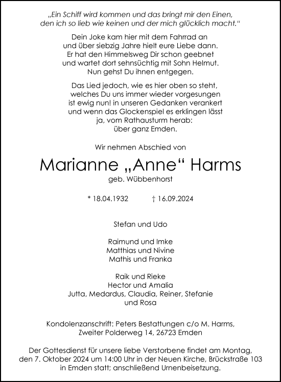 Traueranzeige von Marianne Harms von Emder Zeitung