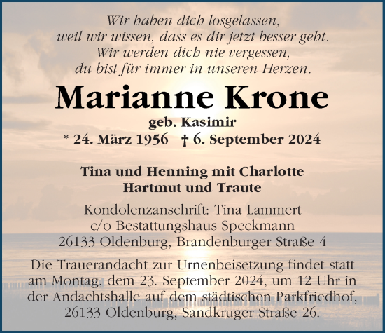 Traueranzeige von Marianne Krone von Nordwest-Zeitung