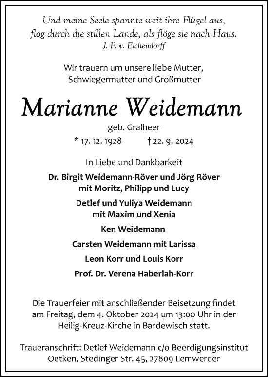 Traueranzeige von Marianne Weidemann von Nordwest-Zeitung