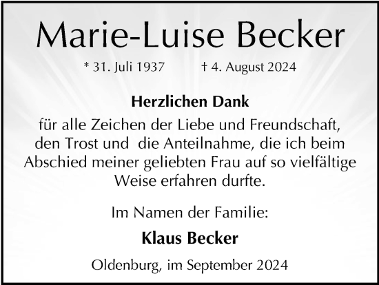 Traueranzeige von Marie-Luise Becker von Nordwest-Zeitung