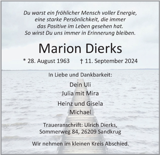 Traueranzeige von Marion Dierks von Nordwest-Zeitung
