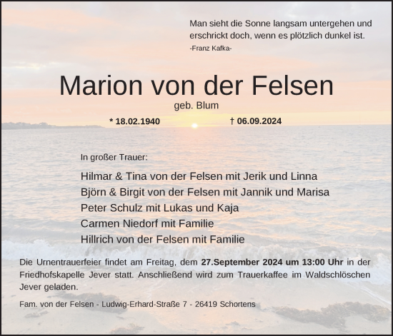 Traueranzeige von Marion von der Felsen von WZ/JW/AH