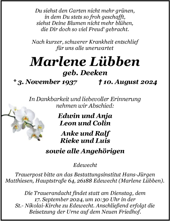 Traueranzeige von Marlene Lübben von Nordwest-Zeitung