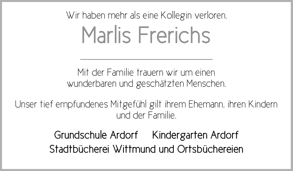  Traueranzeige für Marlis Frerichs vom 10.09.2024 aus WZ/JW/AH