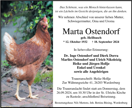 Traueranzeige von Marta Ostendorf von Nordwest-Zeitung