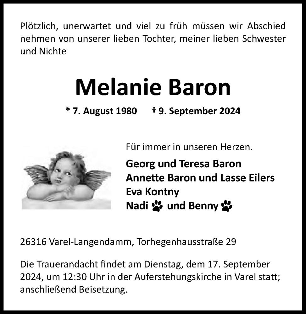  Traueranzeige für Melanie Baron vom 14.09.2024 aus Nordwest-Zeitung