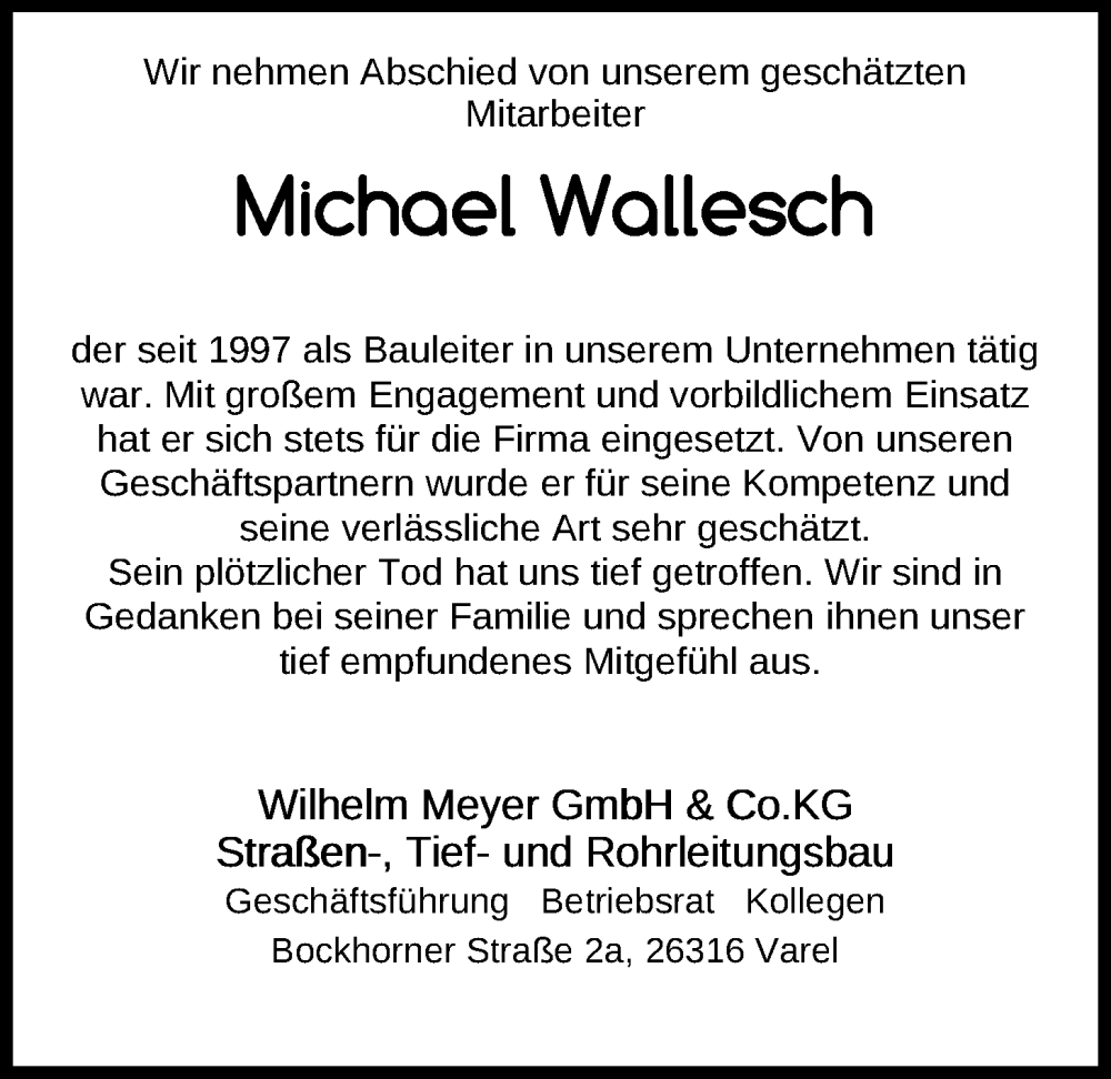  Traueranzeige für Michael Wallesch vom 19.09.2024 aus WZ/JW/AH