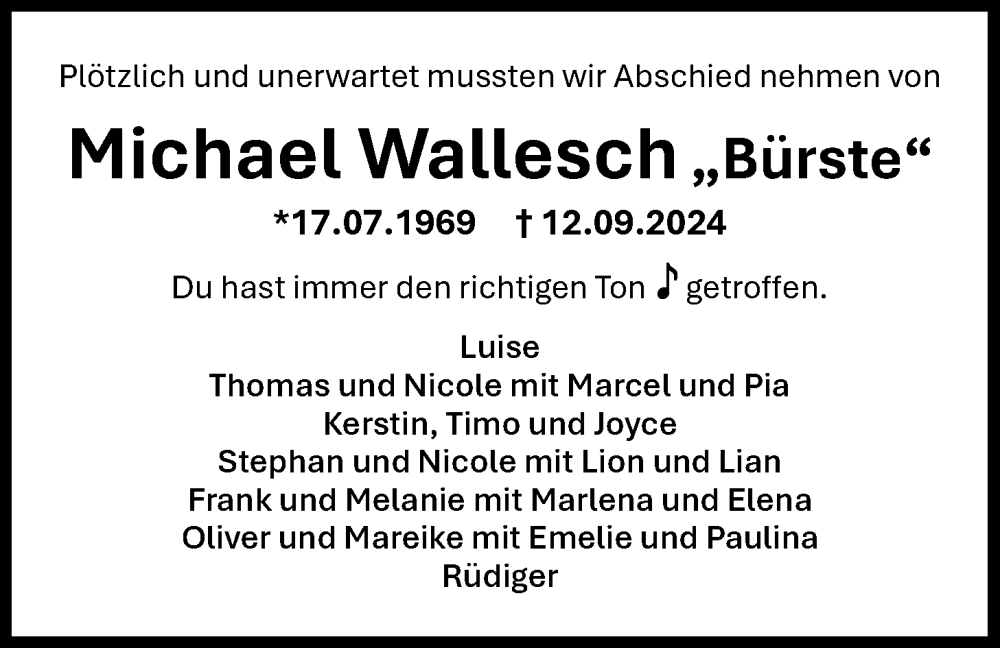  Traueranzeige für Michael Wallesch vom 18.09.2024 aus WZ/JW/AH