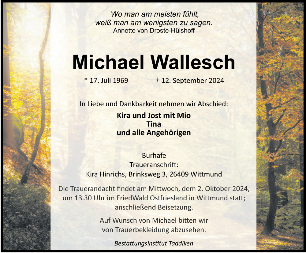  Traueranzeige für Michael Wallesch vom 18.09.2024 aus WZ/JW/AH