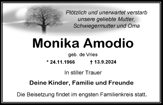 Traueranzeige von Monika Amodio von WZ/JW/AH