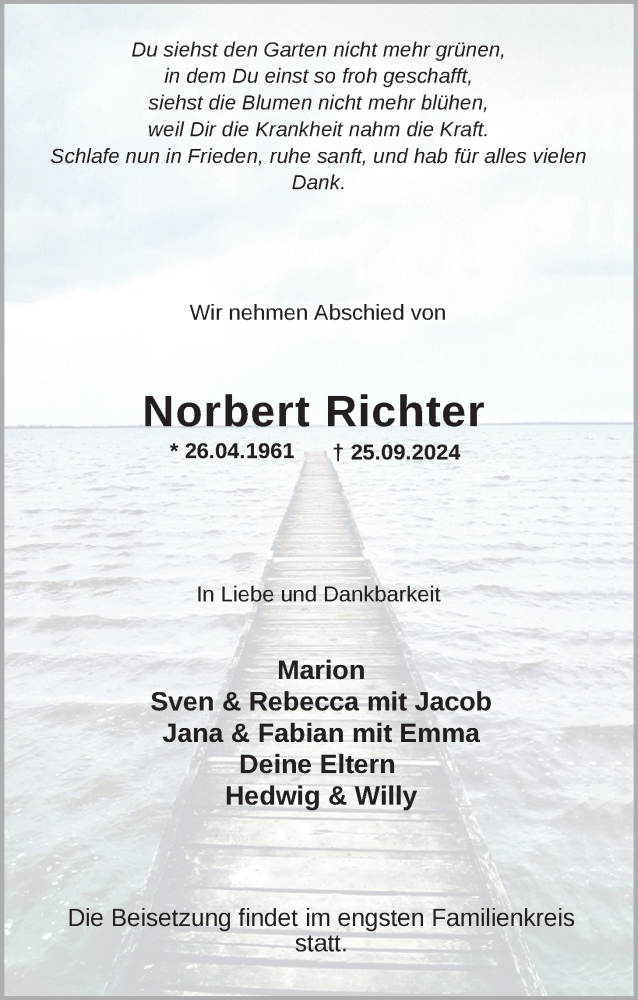  Traueranzeige für Norbert Richter vom 28.09.2024 aus Nordwest-Zeitung