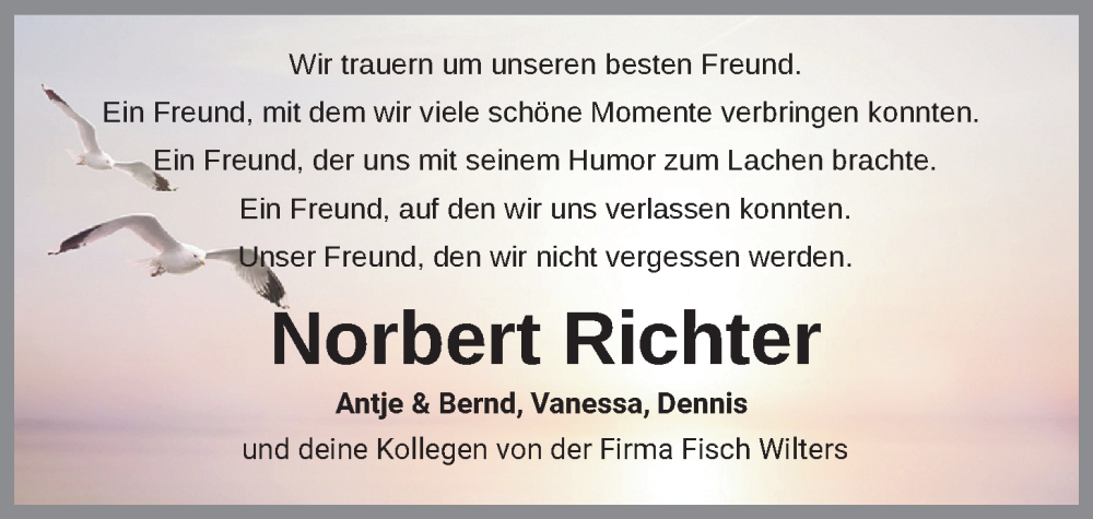  Traueranzeige für Norbert Richter vom 28.09.2024 aus Nordwest-Zeitung