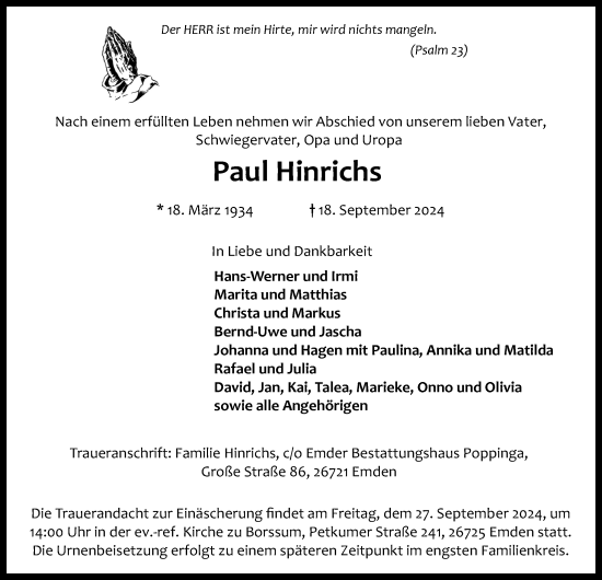 Traueranzeige von Paul Hinrichs von Emder Zeitung