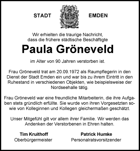Traueranzeige von Paula Gröneveld von Emder Zeitung