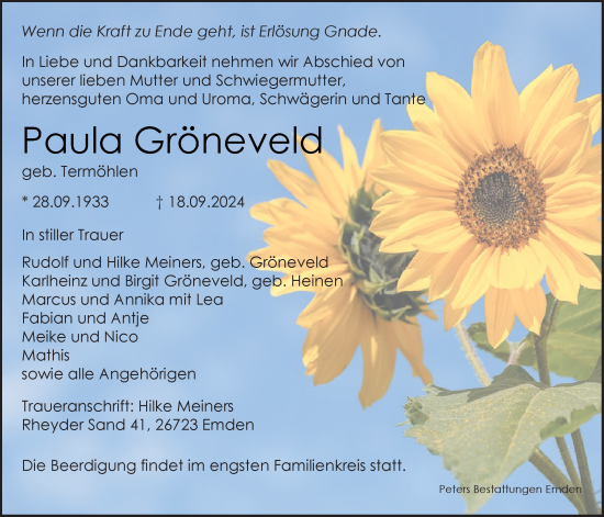 Traueranzeige von Paula Gröneveld von Emder Zeitung