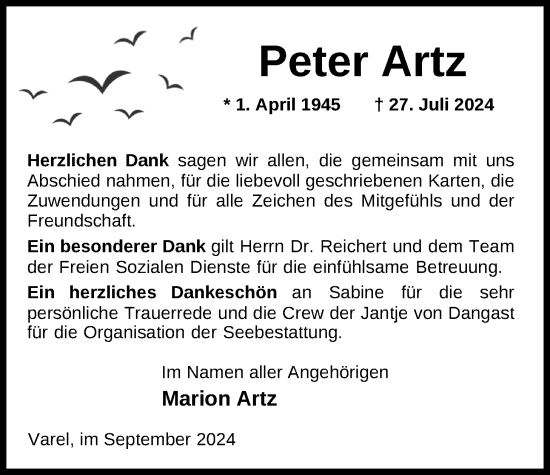 Traueranzeige von Peter Artz von Nordwest-Zeitung