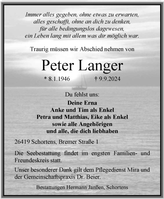Traueranzeige von Peter Langer von WZ/JW/AH