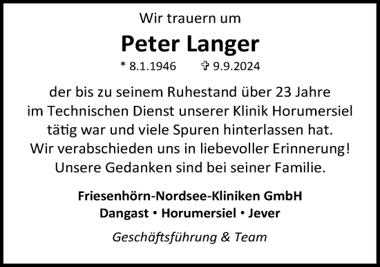 Traueranzeige von Peter Langer von WZ/JW/AH