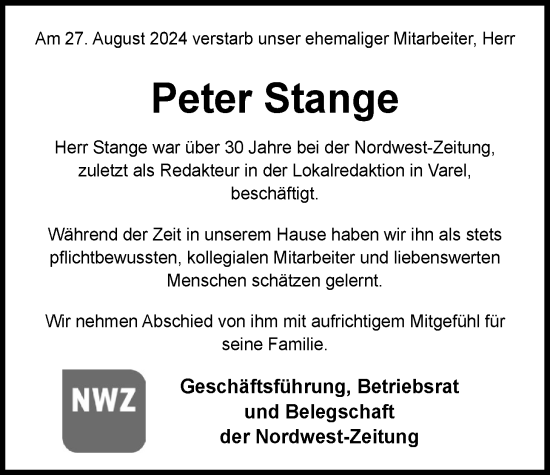 Traueranzeige von Peter Stange von Nordwest-Zeitung