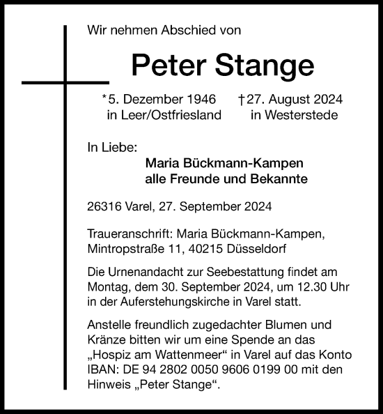 Traueranzeige von Peter Stange von Nordwest-Zeitung