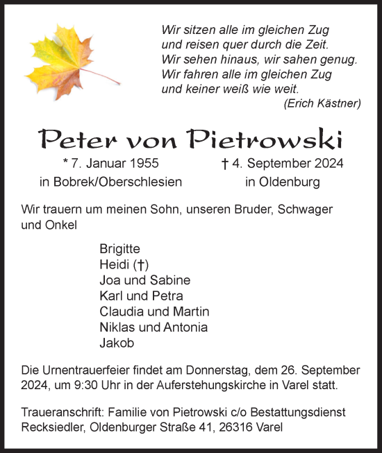 Traueranzeige von Peter von Pietrowski von Nordwest-Zeitung