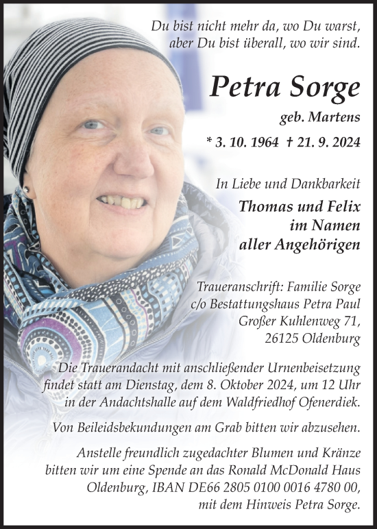 Traueranzeige von Petra Sorge von Nordwest-Zeitung