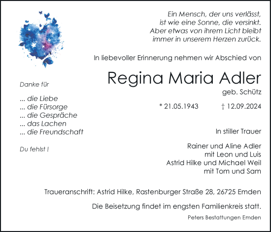 Traueranzeige von Regina Adler von Emder Zeitung