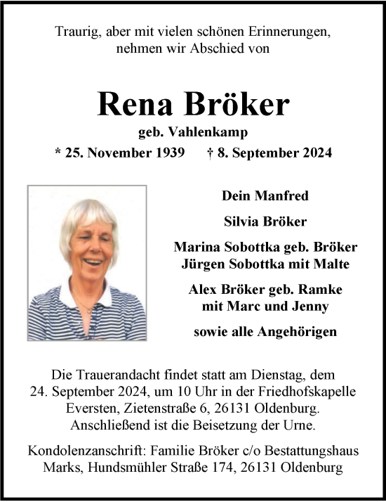 Traueranzeige von Rena Bröker von Nordwest-Zeitung