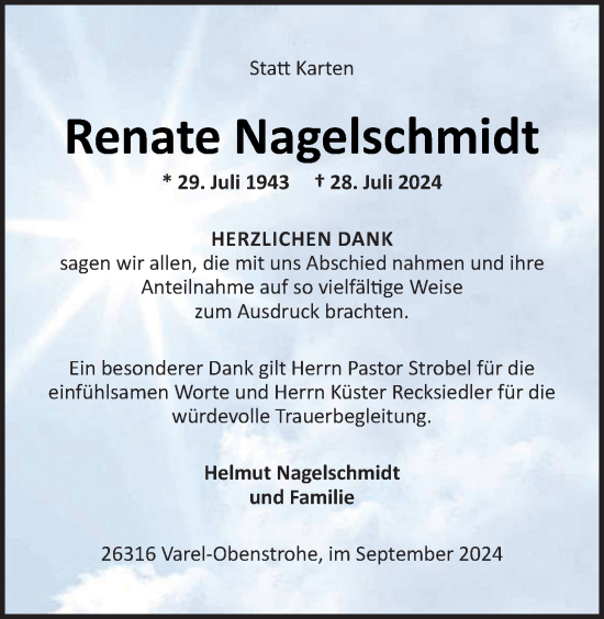 Traueranzeige von Renate Nagelschmidt von Nordwest-Zeitung