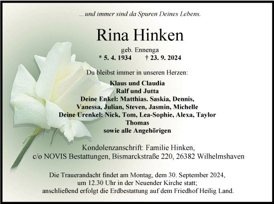 Traueranzeige von Rina Hinken von WZ/JW/AH