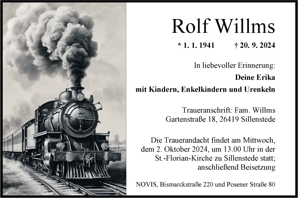  Traueranzeige für Rolf Willms vom 28.09.2024 aus WZ/JW/AH