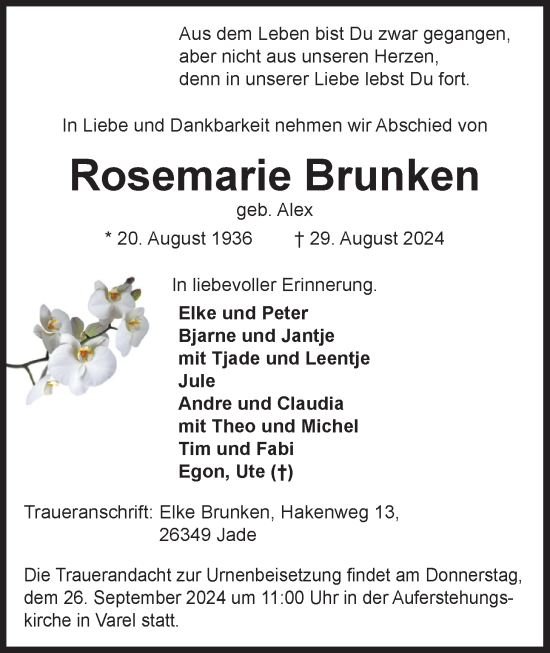 Traueranzeige von Rosemarie Brunken von Nordwest-Zeitung