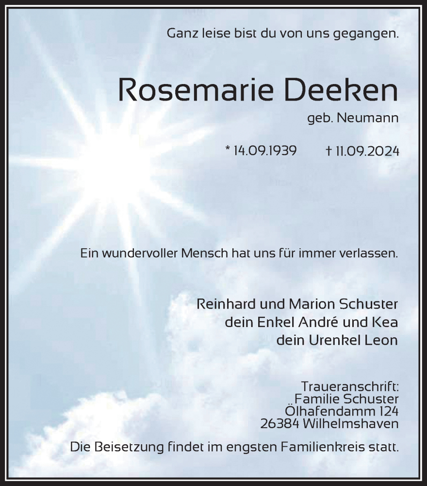  Traueranzeige für Rosemarie Deeken vom 14.09.2024 aus WZ/JW/AH