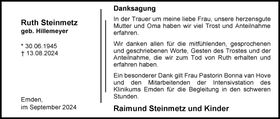 Traueranzeige von Ruth Steinmetz von Emder Zeitung