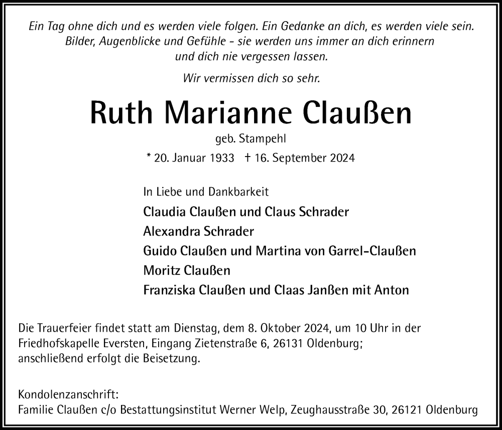  Traueranzeige für Ruth Marianne Claußen vom 28.09.2024 aus Nordwest-Zeitung