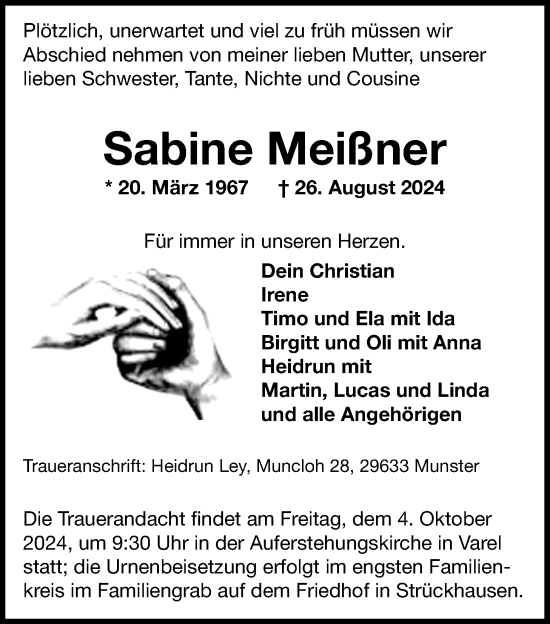 Traueranzeige von Sabine Meißner von Nordwest-Zeitung