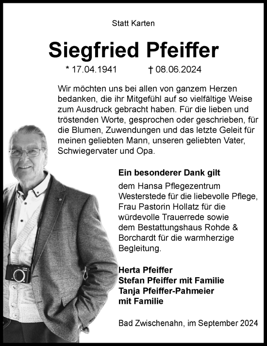 Traueranzeige von Siegfried Pfeiffer von Nordwest-Zeitung