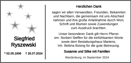Traueranzeige von Siegfried Ryszewski von Nordwest-Zeitung