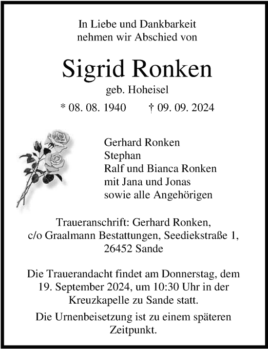 Traueranzeige von Sigrid Ronken von WZ/JW/AH