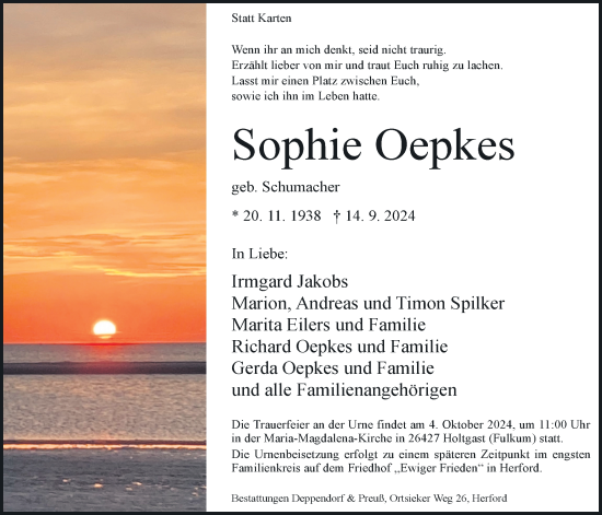 Traueranzeige von Sophie Oepkes von WZ/JW/AH