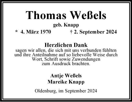 Traueranzeige von Thomas Weßels von Nordwest-Zeitung