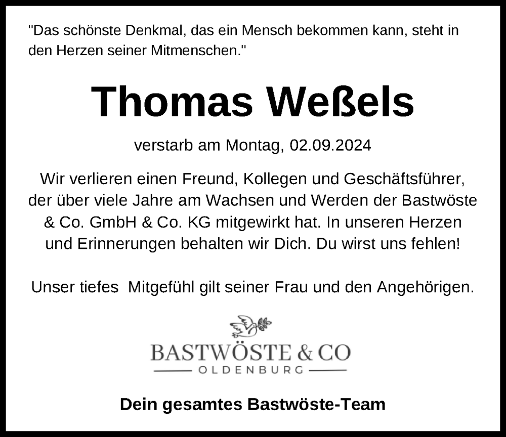  Traueranzeige für Thomas Weßels vom 07.09.2024 aus Nordwest-Zeitung