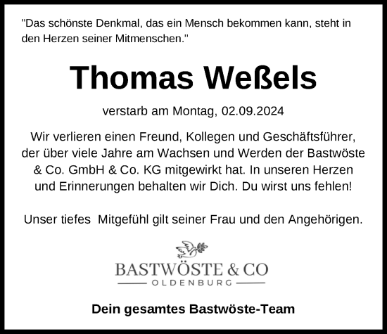 Traueranzeige von Thomas Weßels von Nordwest-Zeitung