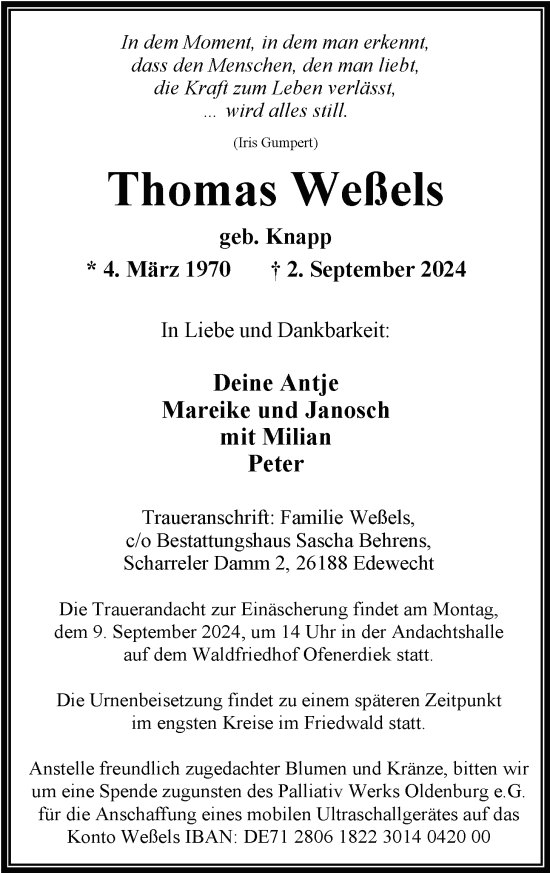 Traueranzeige von Thomas Weßels von Nordwest-Zeitung