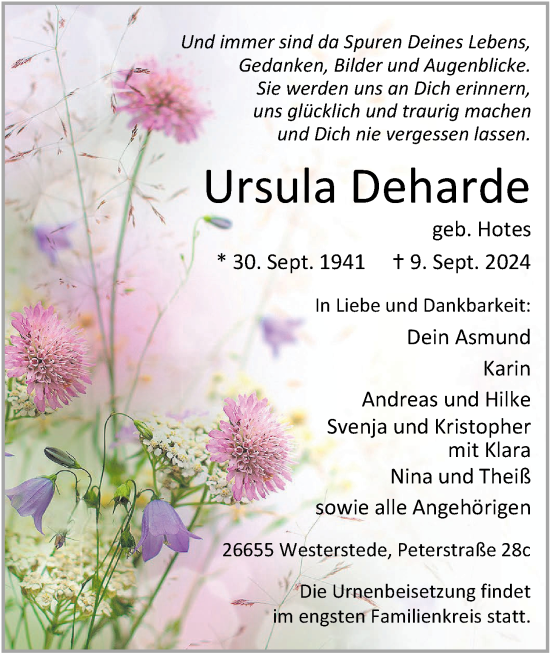 Traueranzeige von Ursula Deharde von Nordwest-Zeitung