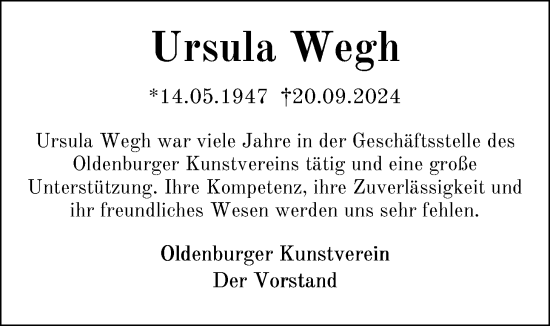 Traueranzeige von Ursula Wegh von Nordwest-Zeitung